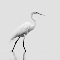Naklejka premium Elegant White Egret Bird Walking in Shallow Water Against a Bright White Background