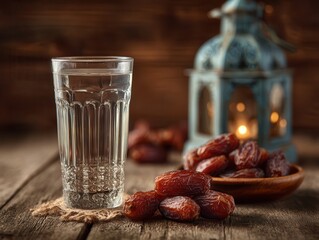 Ramadan fasting: water and dates, with a lantern in the background