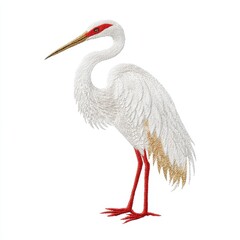 Fototapeta premium Elegant White Heron Stork Standing With Red Legs And Beak Detail Isolated On White Background