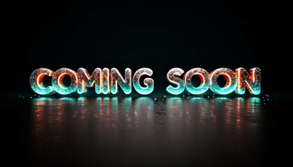 A digitally created neon sign reading "COMING SOON" in vibrant, glowing letters with a gradient of green, red, and orange hues, set against a dark, reflective background.