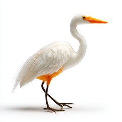 Fototapeta premium Great Egret Bird White Feathers Orange Beak Standing Isolated White Background Studio Shot