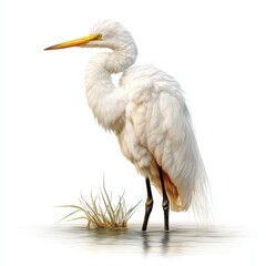 Fototapeta premium Great Egret Standing In Shallow Water With Golden Grass Detailed Feathers