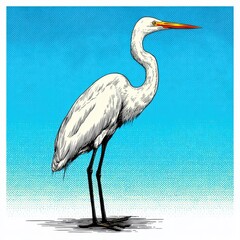 Fototapeta premium Great Egret Standing In Shallow Water With Bright Blue Sky Background