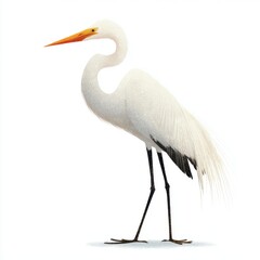 Great Egret Standing White Elegant Bird With Orange Beak Long Legs Detailed Feather Texture Isolated White Background
