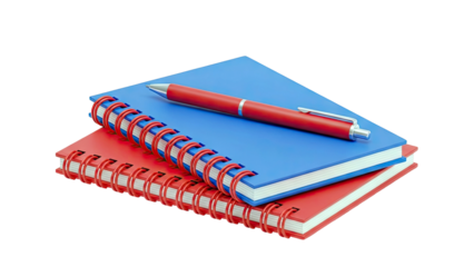 Red Pen on Stack of Blue and Red Spiral Notebooks