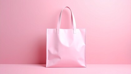 Pink Vegan Leather Tote Bag Mockup on Matching Pastel Pink Background with Soft Studio Lighting