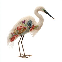 White Egret Bird Sculpture Adorned with Colorful Floral Beadwork on White Background Detailed Craftsmanship