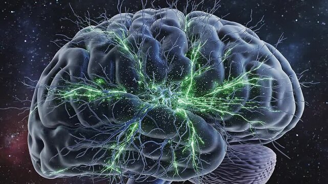Dynamic 3D brain illuminated by green neural light in a futuristic starry sky, rendered from a close-up viewpoint
