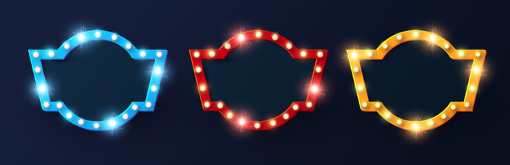 Shining retro light banner collection. Casino, gambling, game, cinema, sale.