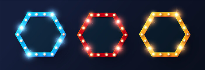 Shining retro light banner collection. Casino, gambling, game, cinema, sale.