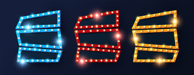 Shining retro light banner collection. Casino, gambling, game, cinema, sale.