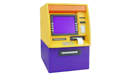 Yellow and purple ATM machine with blank screen and receipt