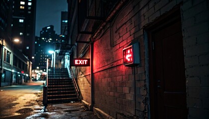 A nighttime photograph of a dimly lit, modern building with a glowing blue EXIT sign. The ground is paved, and a tree with sparse foliage is visible on the left.
