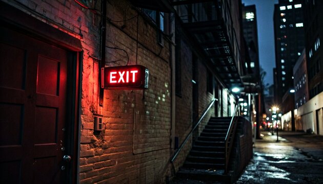 A nighttime photograph of a narrow urban alley with brick buildings, a red EXIT sign, a metal staircase, and dimly lit windows. - Powered by Adobe
