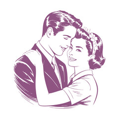 Vintage Mid-Century Style Illustration of a Romantic Couple in Evening Wear About to Kiss