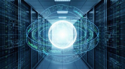 A central sphere of pure white energy surrounded by rotating holographic rings and data charts, floating in a dark server room, cinematic atmosphere, sharp focus
