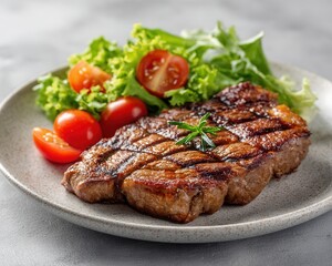 grilled steak with vegetables on a white plate