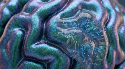 Close-up texture of a bio-synthetic brain surface, iridescent metallic sheen, glowing micro-circuits embedded in organic-like tissue, surrealism