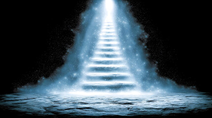 metaphor showing abstract stairs made of light ascending through a dark professional space