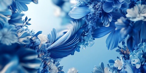 Azure Phoenix Art Abstract Blue Organic Foliage  Feather Design