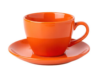 Bright orange coffee cup and saucer isolated on transparent background
