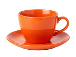 Bright orange coffee cup and saucer isolated on transparent background