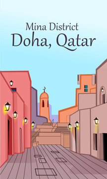 CIMAHI, INDONESIA-January 12, 2026-Mina District, Doha Qatar. Vector graphic design cartoon building illustration for poster, banner, travel card, and other.