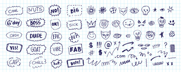 Cute doodle design elements. Text marks, arrows, heart, sun, slang phrases, skulls. Hand drawn symbols, characters. Sketch line style.