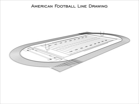 Isometric Perspective American Football Field with Running Track Technical Drawing Blueprint