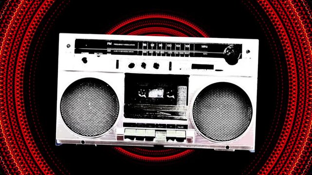 A classic 1980's era boom box cassette tape player, edited with black and white filtered effects and set against a red circular pulsating kaleidoscope background.