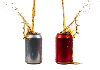 Soda cans bursting with beverages, isolated on transparent background