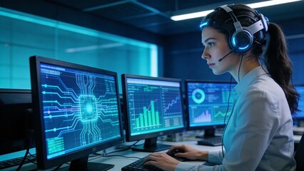 Woman working with multiple computer monitors