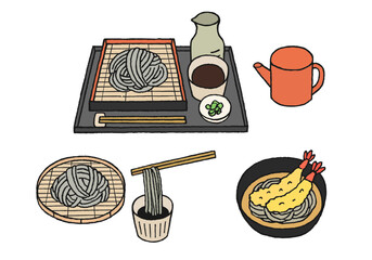 ざるそばと天ぷら蕎麦の手描きイラストセット
