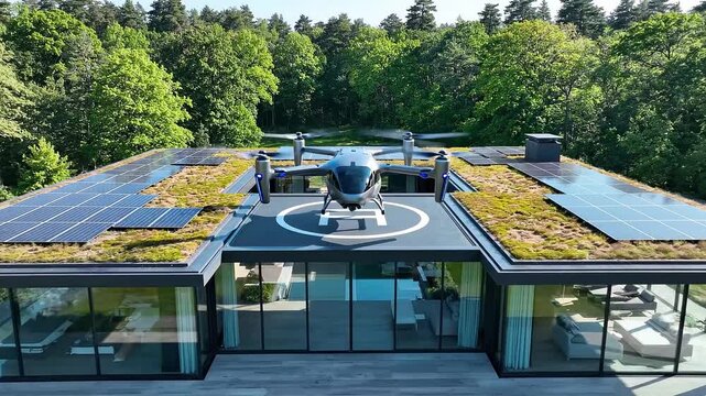 Futuristic eVTOL aircraft landing on a modern green roof house with solar panels for urban air mobility concept and sustainable luxury living