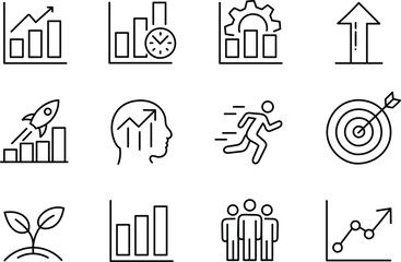 Modern thin line business growth and success icons set featuring rocket launch, target achievement, analytics charts, teamwork and process optimization symbols for web, UI design