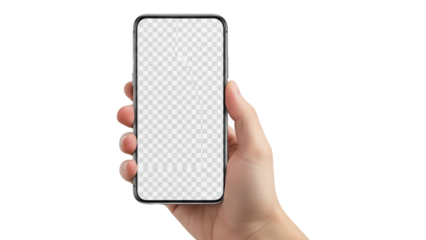 Hand holding a modern smartphone with a blank transparent screen, mock-up for app display