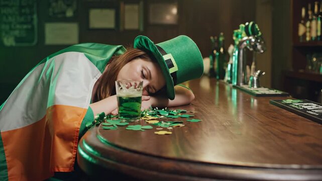 Woman asleep on bar with leprechaun hat and irish flag for Saint Patrick day celebration marketing
