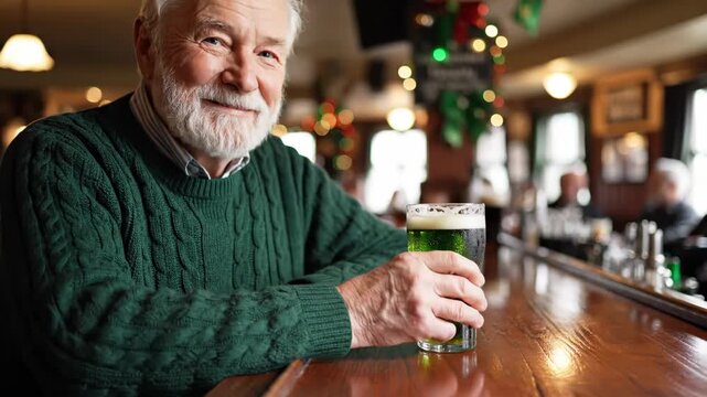 Senior caucasian man in green sweater celebrating Saint Patricks day by drinking green beer at bar counter, cozy pub atmosphere