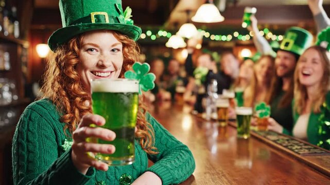 Red haired woman holding green beer in a pub for a Saint Patrick celebration. Irish party with people wearing green clothes.