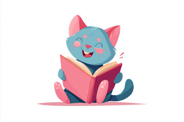 Fototapeta premium Cute cartoon kitten with pink ears and paws happily reading a colorful book, perfect for children’s stories, education, or playful learning themes.
