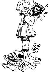 Obraz premium Little Girl Reading Valentine Card Surrounded by Love Letters Black and White Illustration