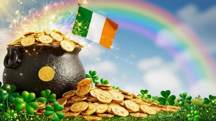 Coin pot, shamrock, irish flag, rainbow, and grass. Saint patrick day holiday. Celebration of culture event.