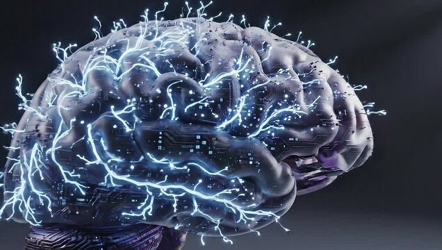 Dynamic close-up view of a glowing blue brain with neural connections rendered in digital illustration, highlighting intricate activity