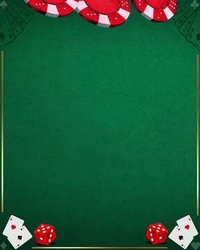 Green poker table felt background with red casino chips playing cards and dice border creating empty copy space for blackjack roulette and texas hold em night party invitations and game banners
