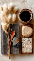 Serene Eco-Inspired Workspace, flat lay arrangement featuring natural textures, beige tones, organized elements, inviting atmosphere, ideal for creativity and productivity