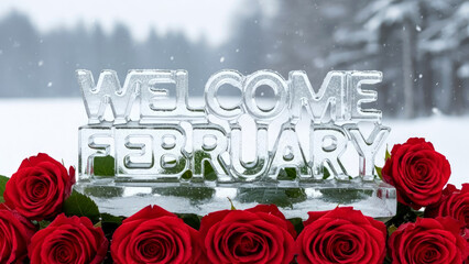Hello February sign made from ice adorned with red roses on a snowy winter background. Winter holidays concept.