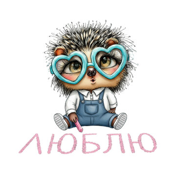 Cute cartoon hedgehog character wearing heart-shaped glasses and denim overalls, isolated on white background