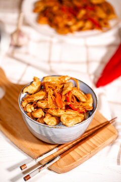 Fried chicken breast with funchoza noodles