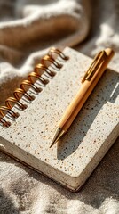 Minimalistic desk arrangement, bamboo pen, recycled notebook, soft cotton fabric, serene ambiance, inviting workspace, eco-friendly design, clean lines, organized simplicity
