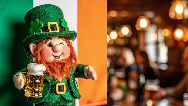 Saint patrick day leprechaun doll with beer pint in pub setting for celebration, party, drinking, irish culture